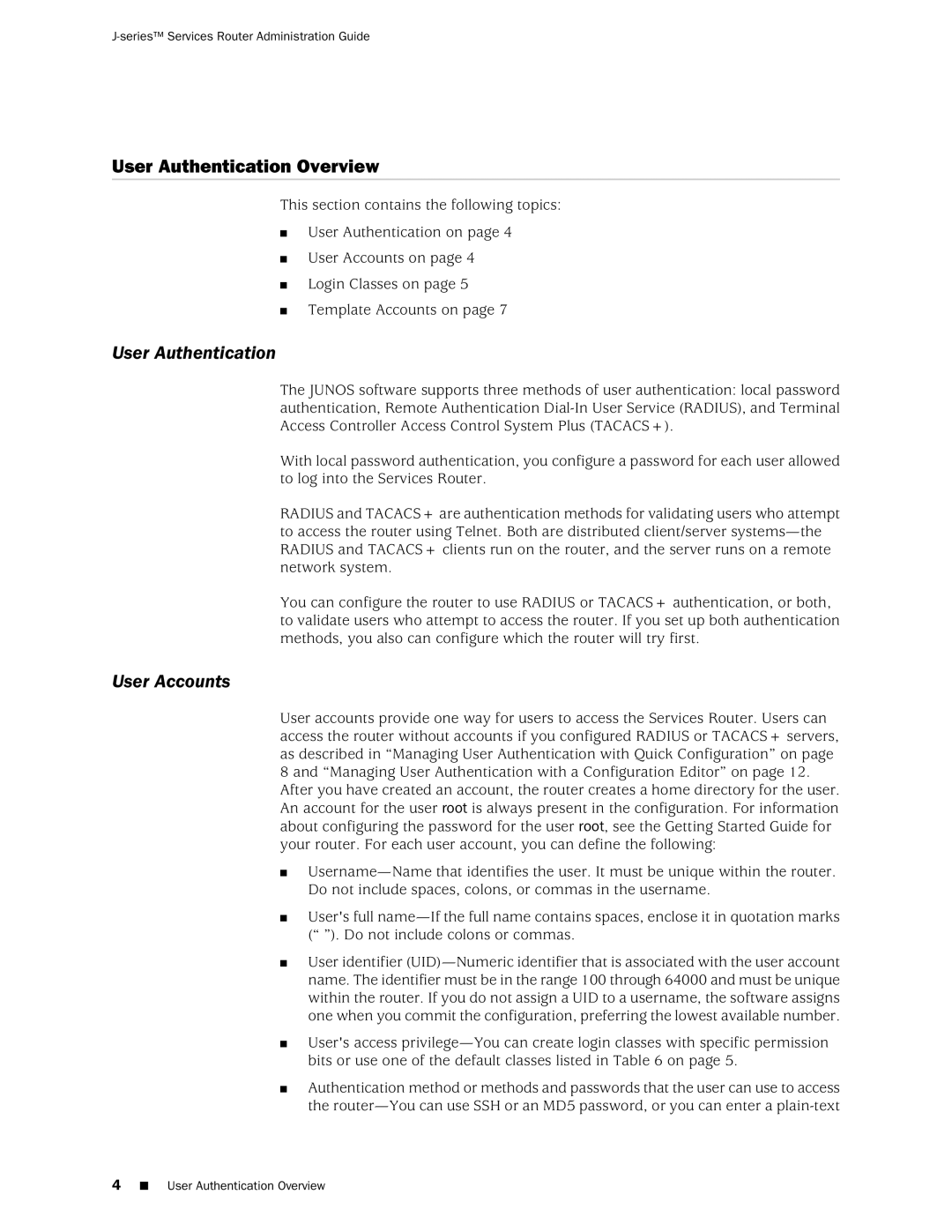 Juniper Networks J-Series manual User Authentication Overview, User Accounts 