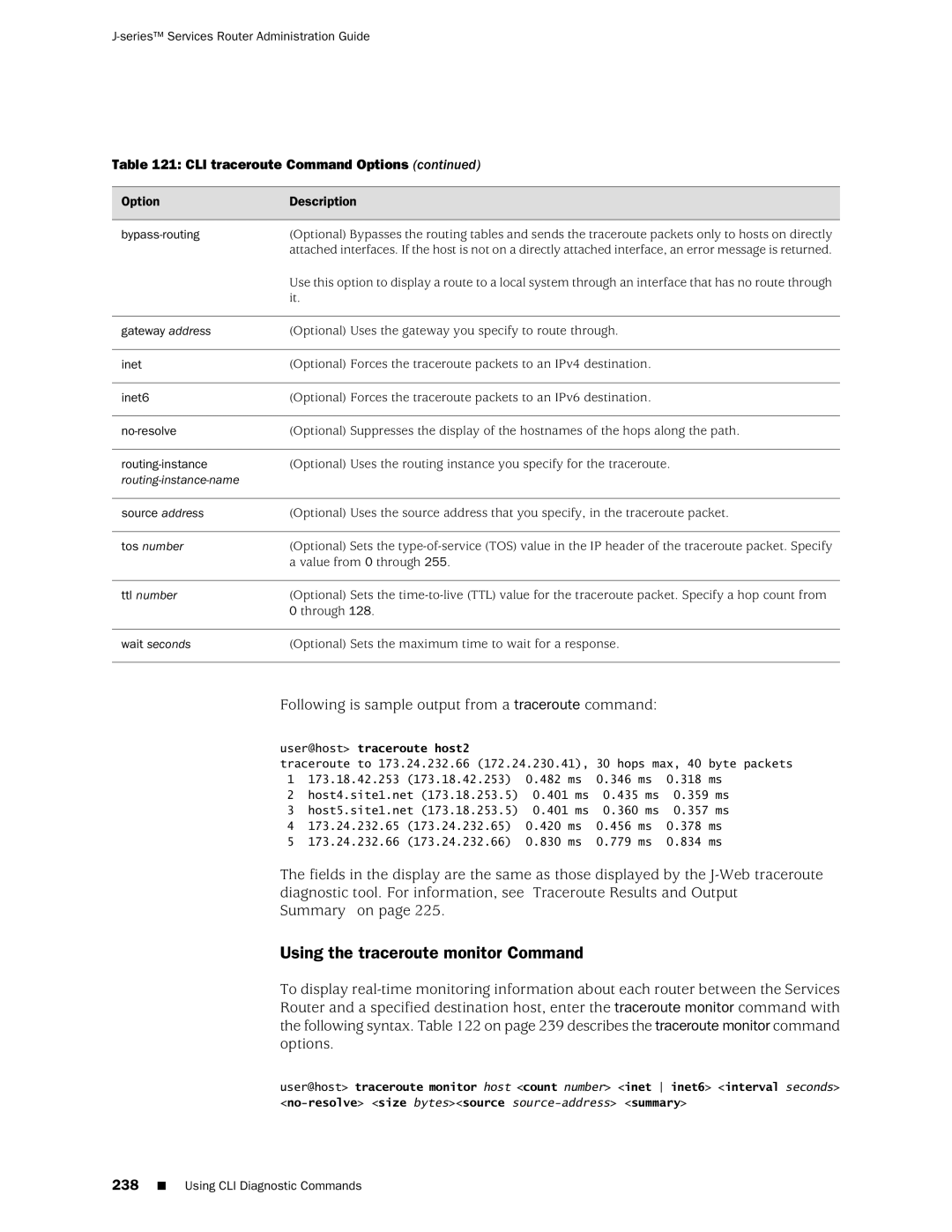 Juniper Networks J-Series manual Using the traceroute monitor Command, Following is sample output from a traceroute command 