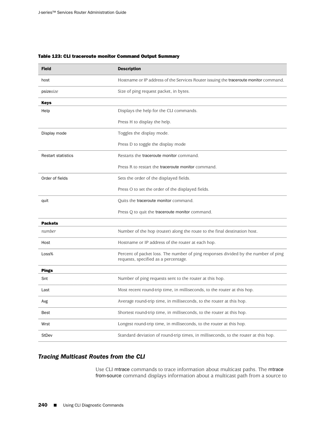 Juniper Networks J-Series manual Tracing Multicast Routes from the CLI, CLI traceroute monitor Command Output Summary 