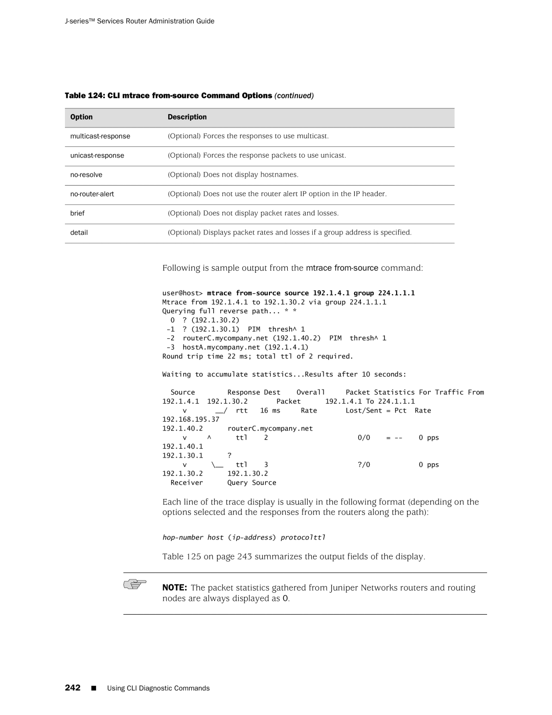 Juniper Networks J-Series On page 243 summarizes the output fields of the display, CLI mtrace from-source Command Options 