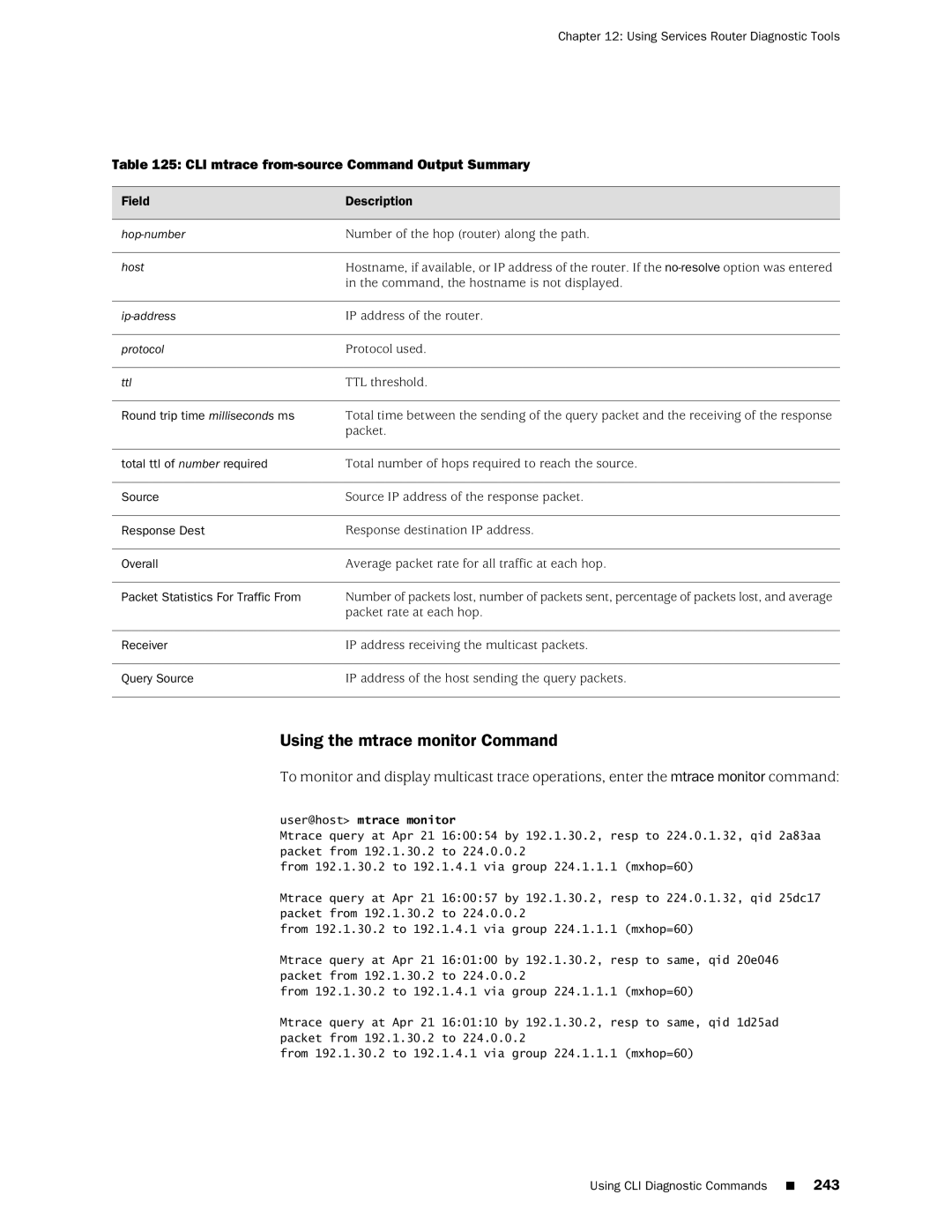 Juniper Networks J-Series manual Using the mtrace monitor Command, CLI mtrace from-source Command Output Summary 