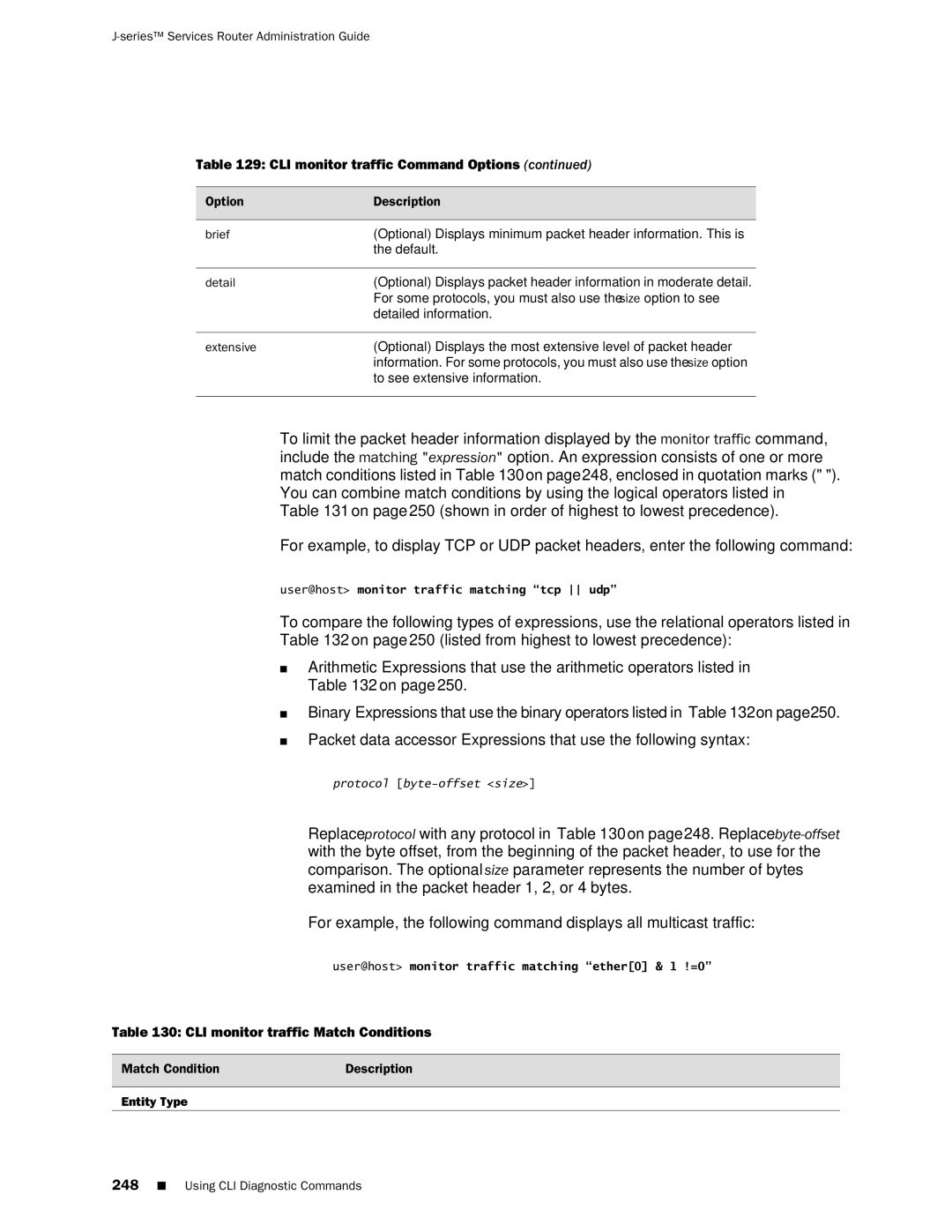 Juniper Networks J-Series manual CLI monitor traffic Match Conditions, Option Description Brief, Extensive, Entity Type 