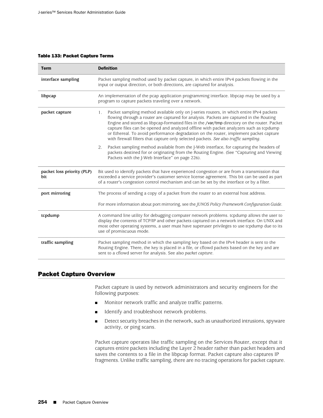 Juniper Networks J-Series manual Packet Capture Overview, Packet Capture Terms 