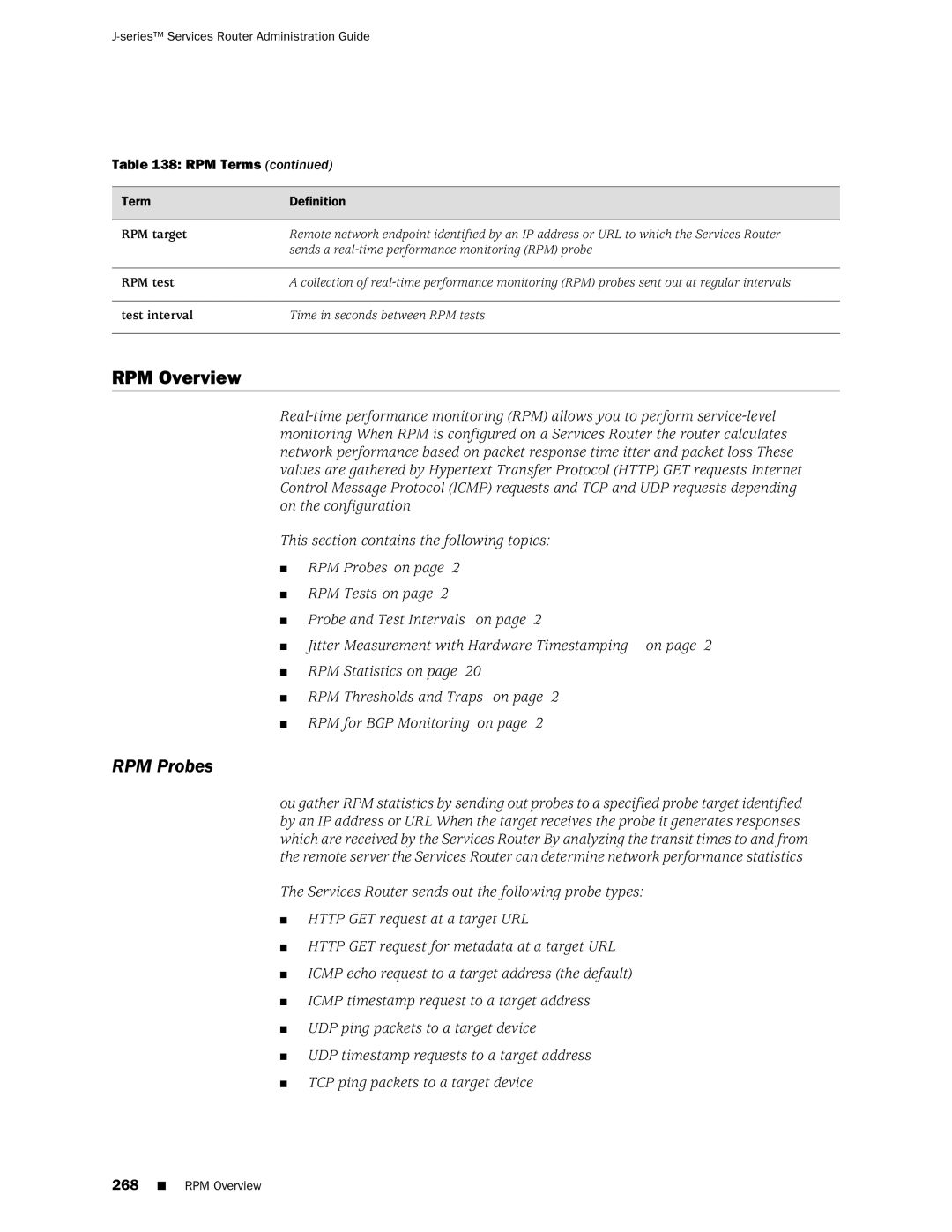 Juniper Networks J-Series manual RPM Overview, RPM Probes, RPM target, RPM test, Test interval 