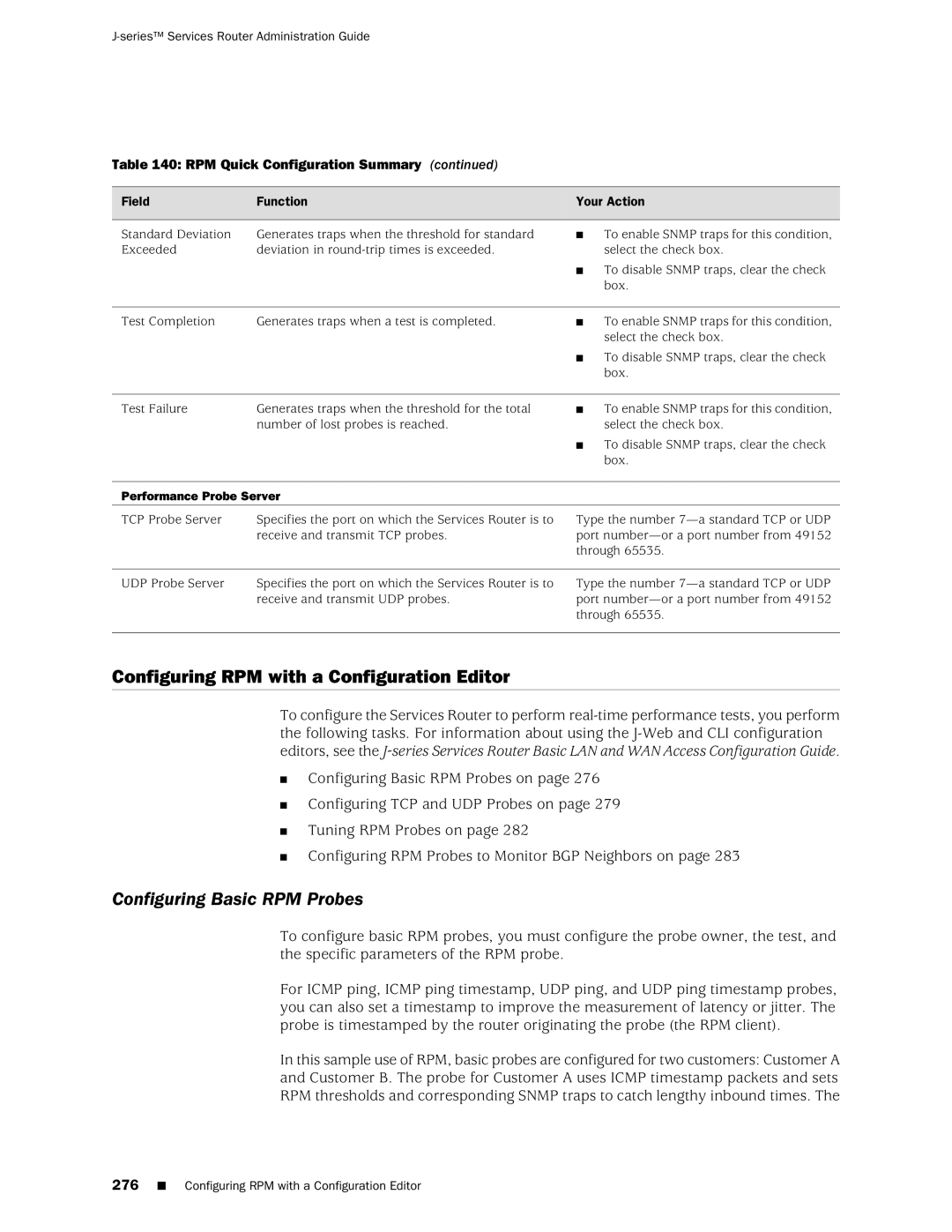 Juniper Networks J-Series manual Configuring RPM with a Configuration Editor, Configuring Basic RPM Probes 