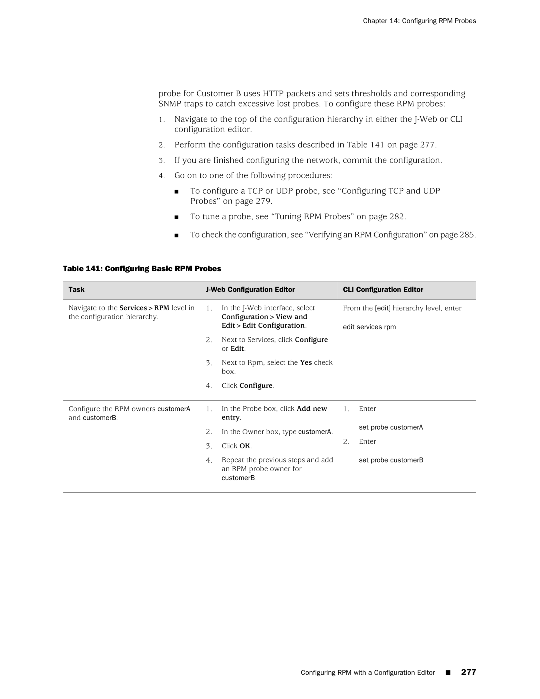 Juniper Networks J-Series manual Configuring Basic RPM Probes, Edit services rpm, Click Configure, Set probe customerA 