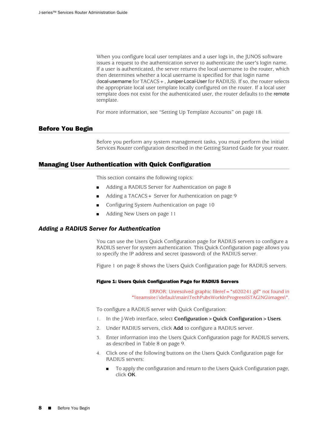 Juniper Networks J-Series manual Before You Begin, Managing User Authentication with Quick Configuration 