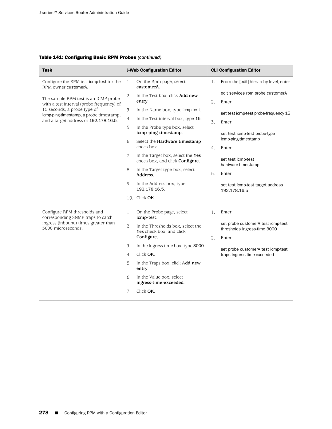 Juniper Networks J-Series manual 192.178.16.5, Edit services rpm probe customerA, Set test icmp-test probe-frequency 