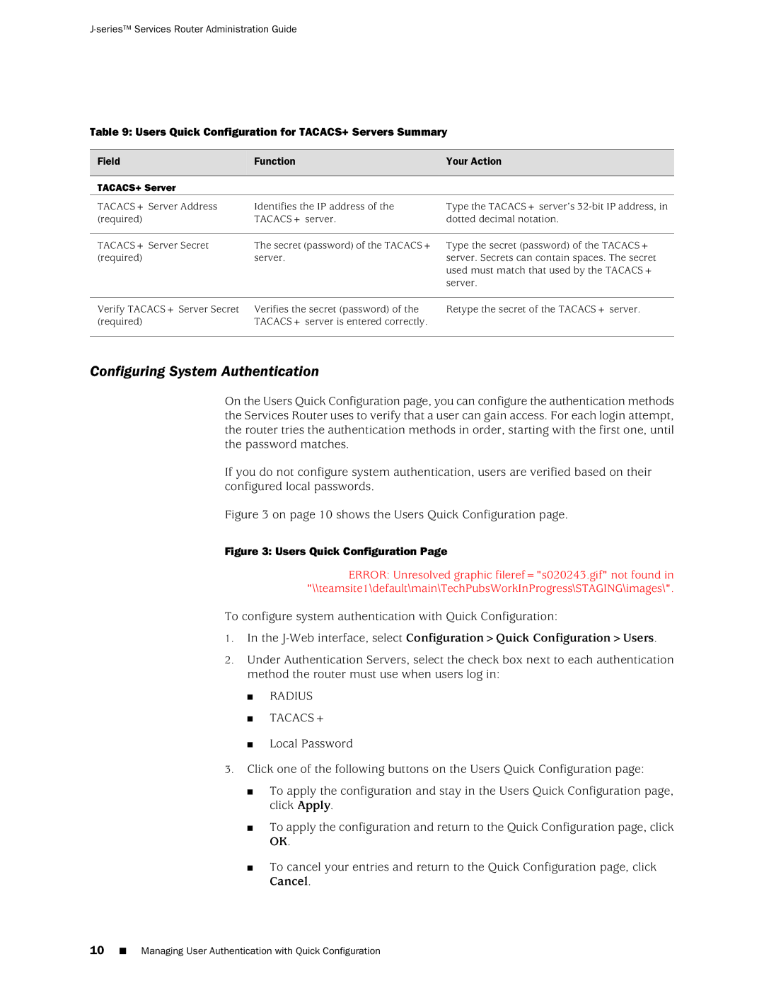 Juniper Networks J-Series Configuring System Authentication, To configure system authentication with Quick Configuration 