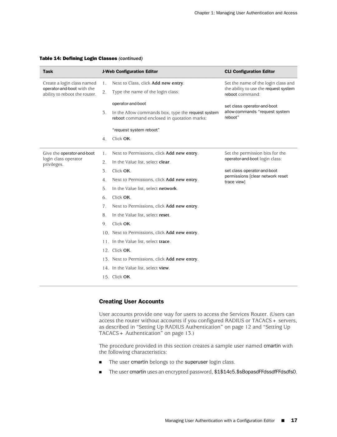 Juniper Networks J-Series manual Creating User Accounts, Operator-and-boot with, Request system reboot 