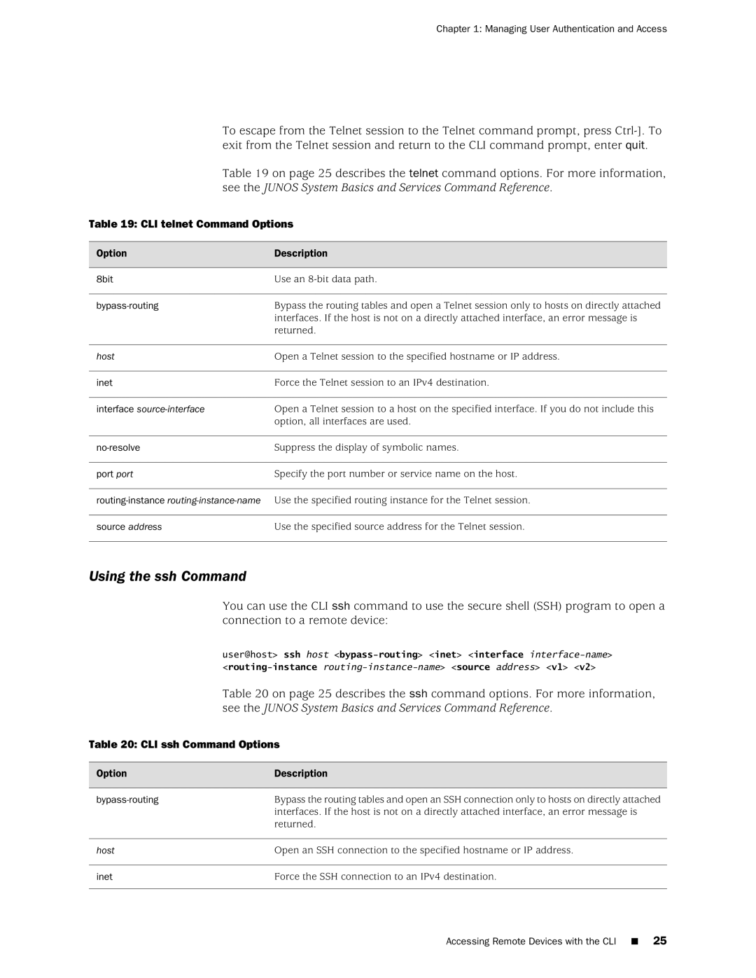 Juniper Networks J-Series manual Using the ssh Command, CLI telnet Command Options, CLI ssh Command Options 