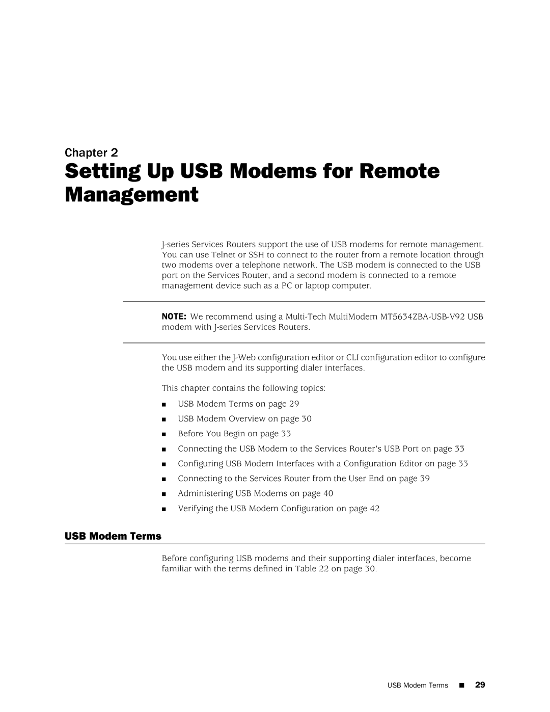 Juniper Networks J-Series manual Setting Up USB Modems for Remote Management, USB Modem Terms 