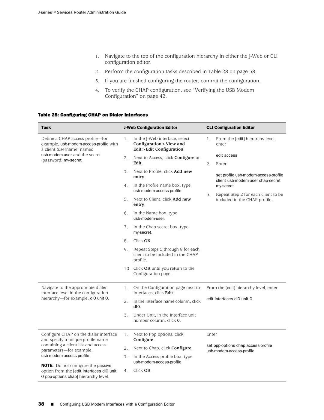 Juniper Networks J-Series Configuring Chap on Dialer Interfaces, Ppp-options chap hierarchy level Web Configuration Editor 