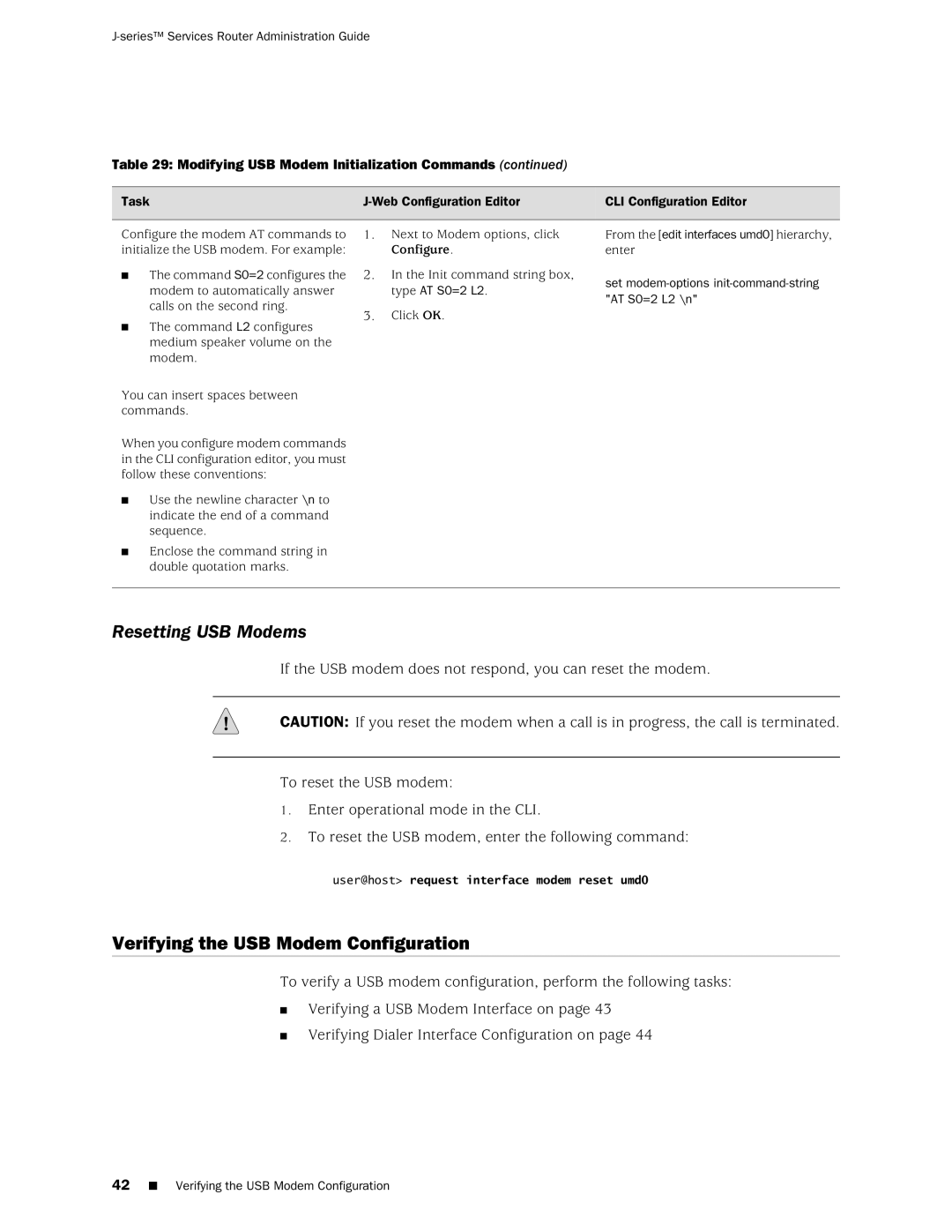 Juniper Networks J-Series manual Resetting USB Modems, Verifying the USB Modem Configuration, Configure 