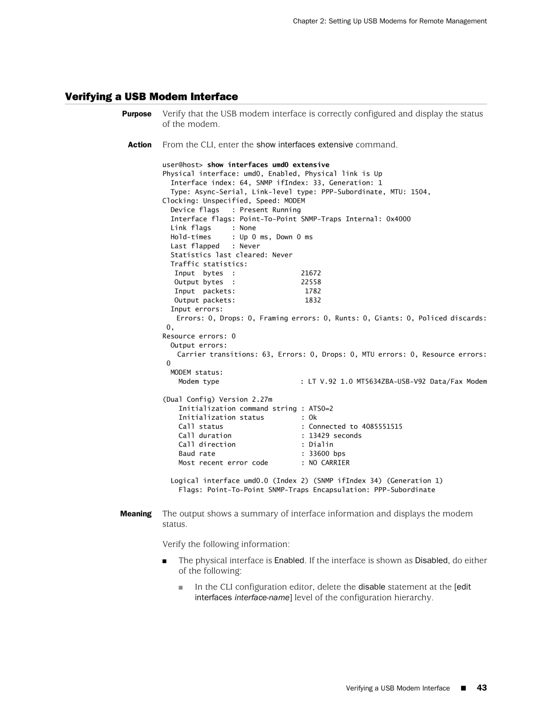 Juniper Networks J-Series manual Verifying a USB Modem Interface 