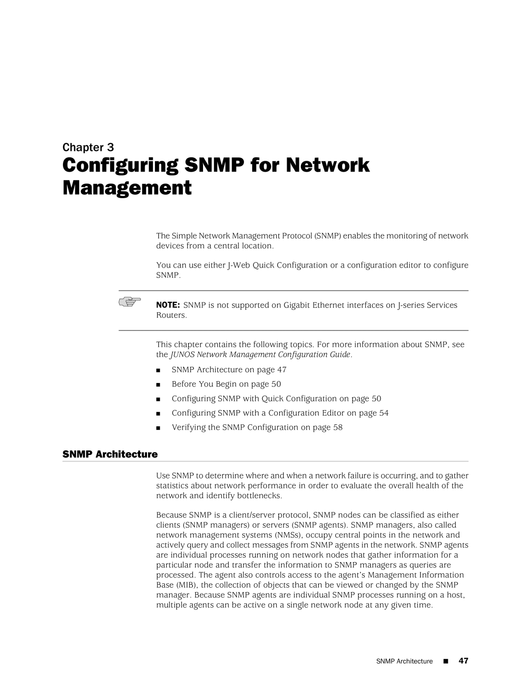 Juniper Networks J-Series manual Configuring Snmp for Network Management, Snmp Architecture 