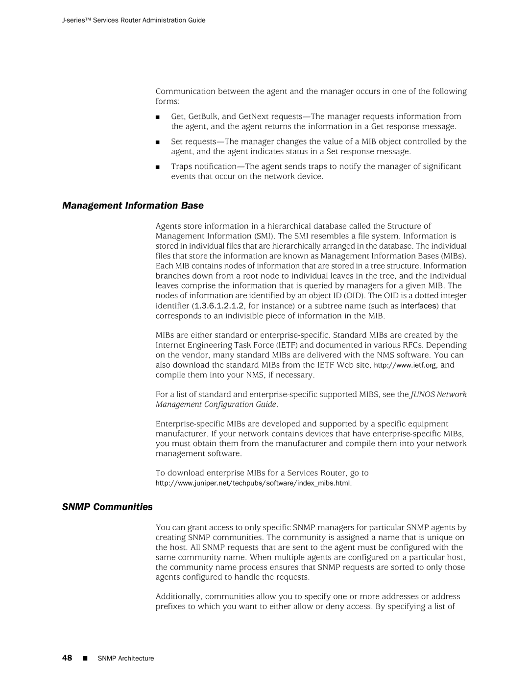 Juniper Networks J-Series manual Management Information Base, Snmp Communities 