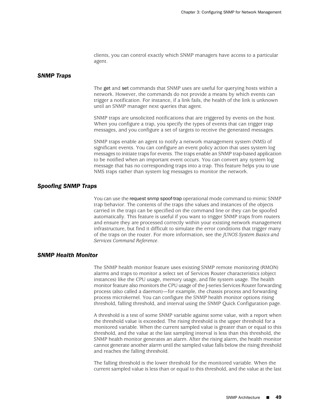 Juniper Networks J-Series manual Spoofing Snmp Traps, Snmp Health Monitor, Configuring Snmp for Network Management 