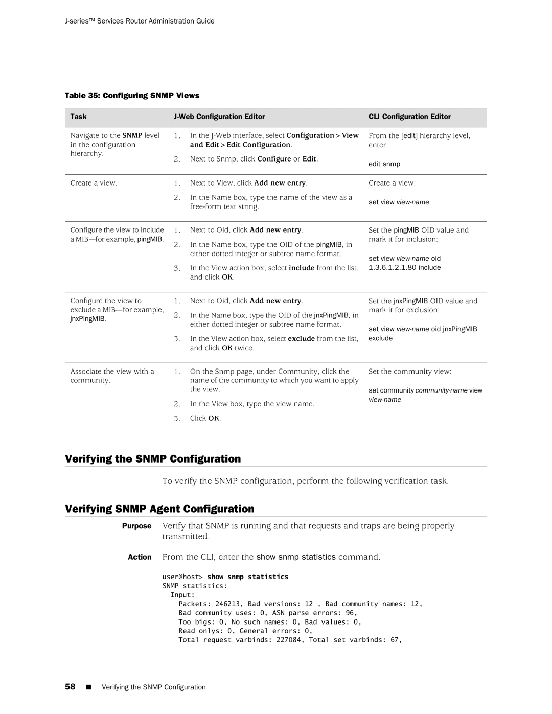 Juniper Networks J-Series Verifying the Snmp Configuration, Verifying Snmp Agent Configuration, Configuring Snmp Views 