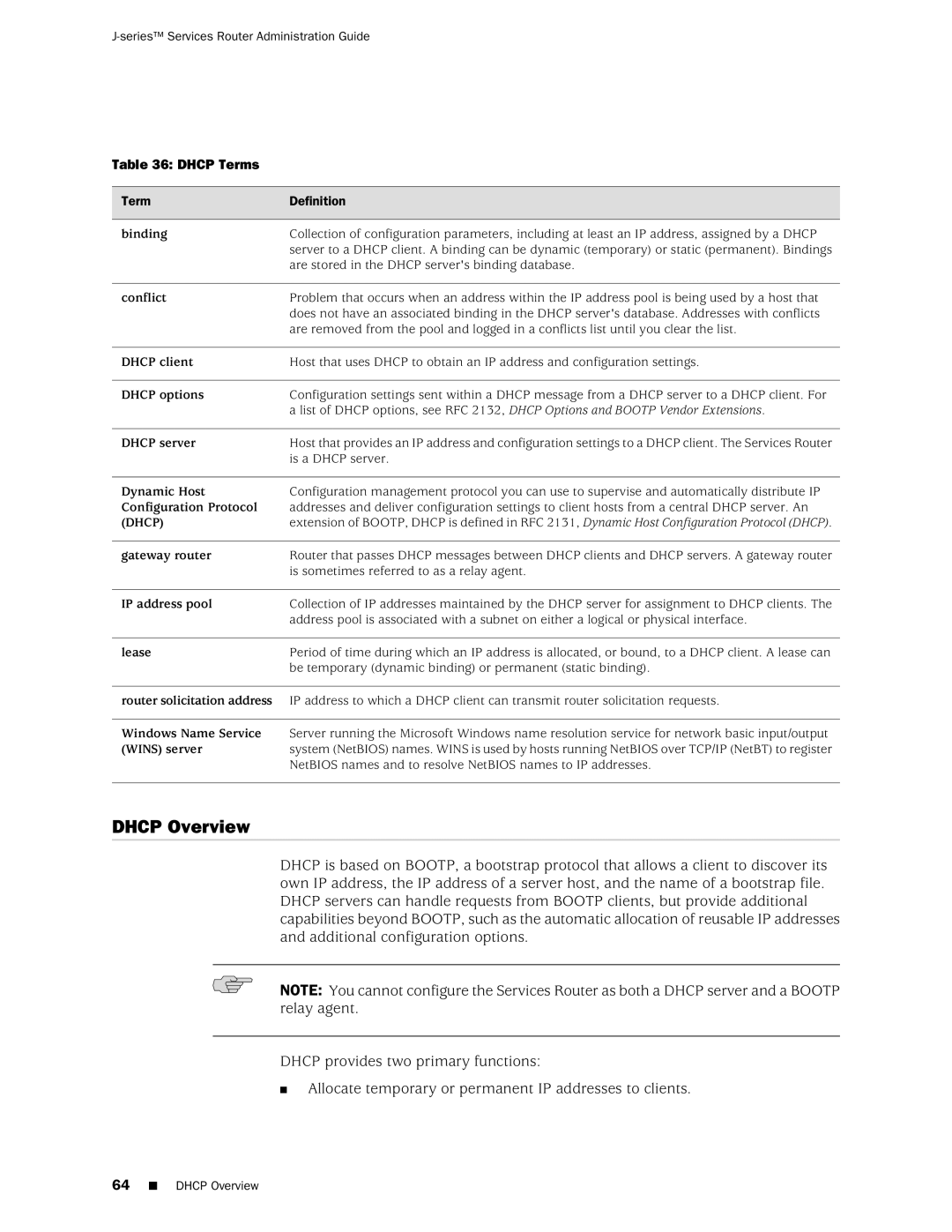 Juniper Networks J-Series manual Dhcp Overview, Dhcp Terms 