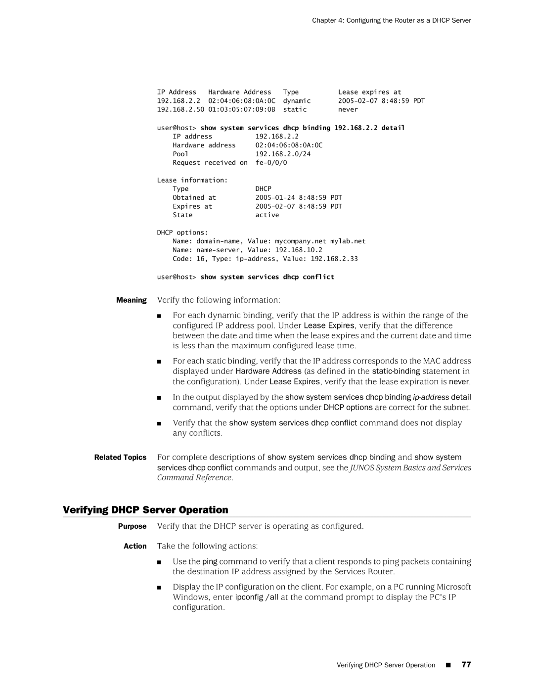 Juniper Networks J-Series manual Verifying Dhcp Server Operation 