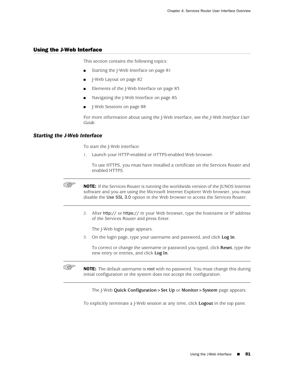 Juniper Networks J2320 Using the J-Web Interface, Starting the J-Web Interface, Services Router User Interface Overview 