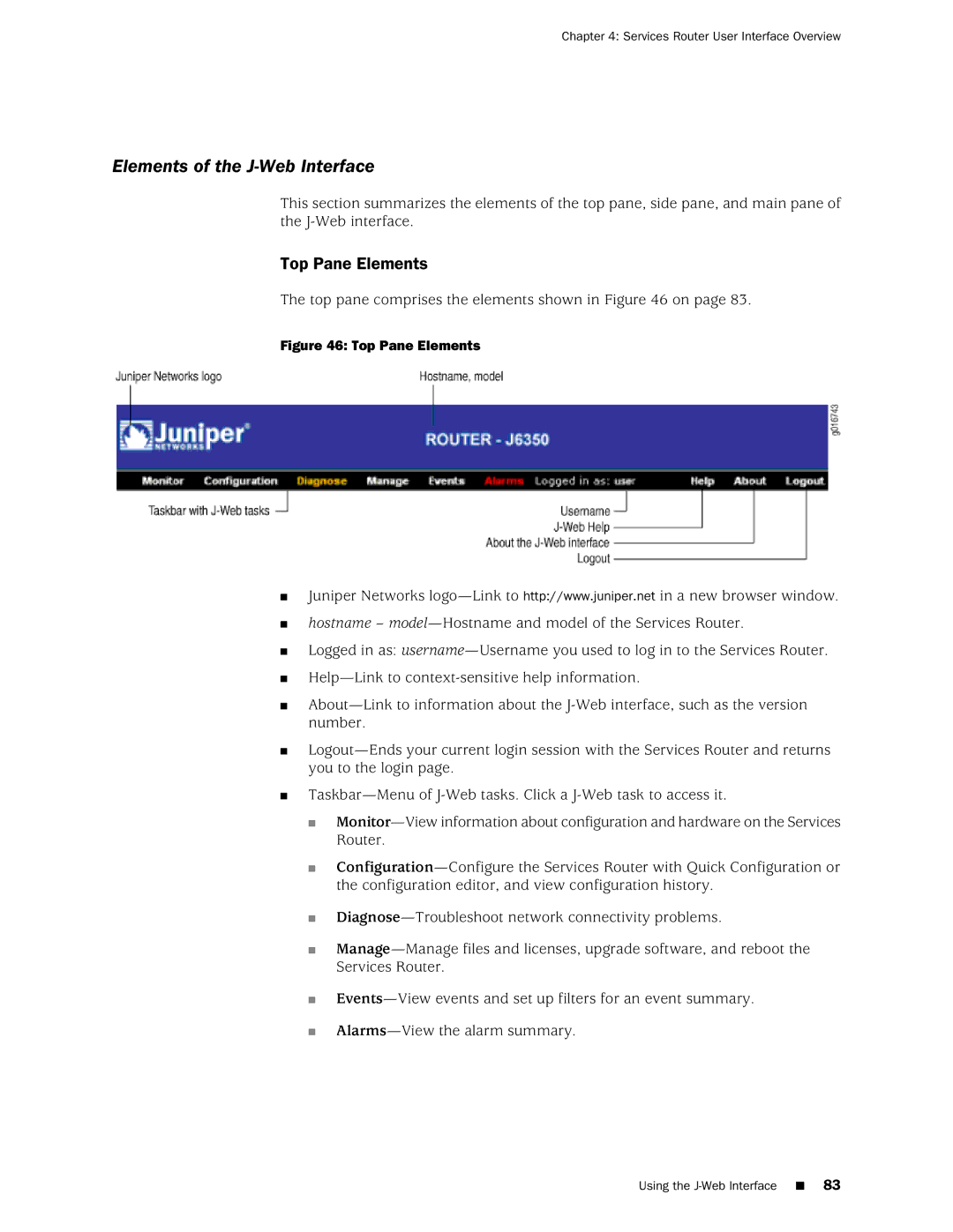 Juniper Networks J2320 manual Elements of the J-Web Interface, Top Pane Elements 