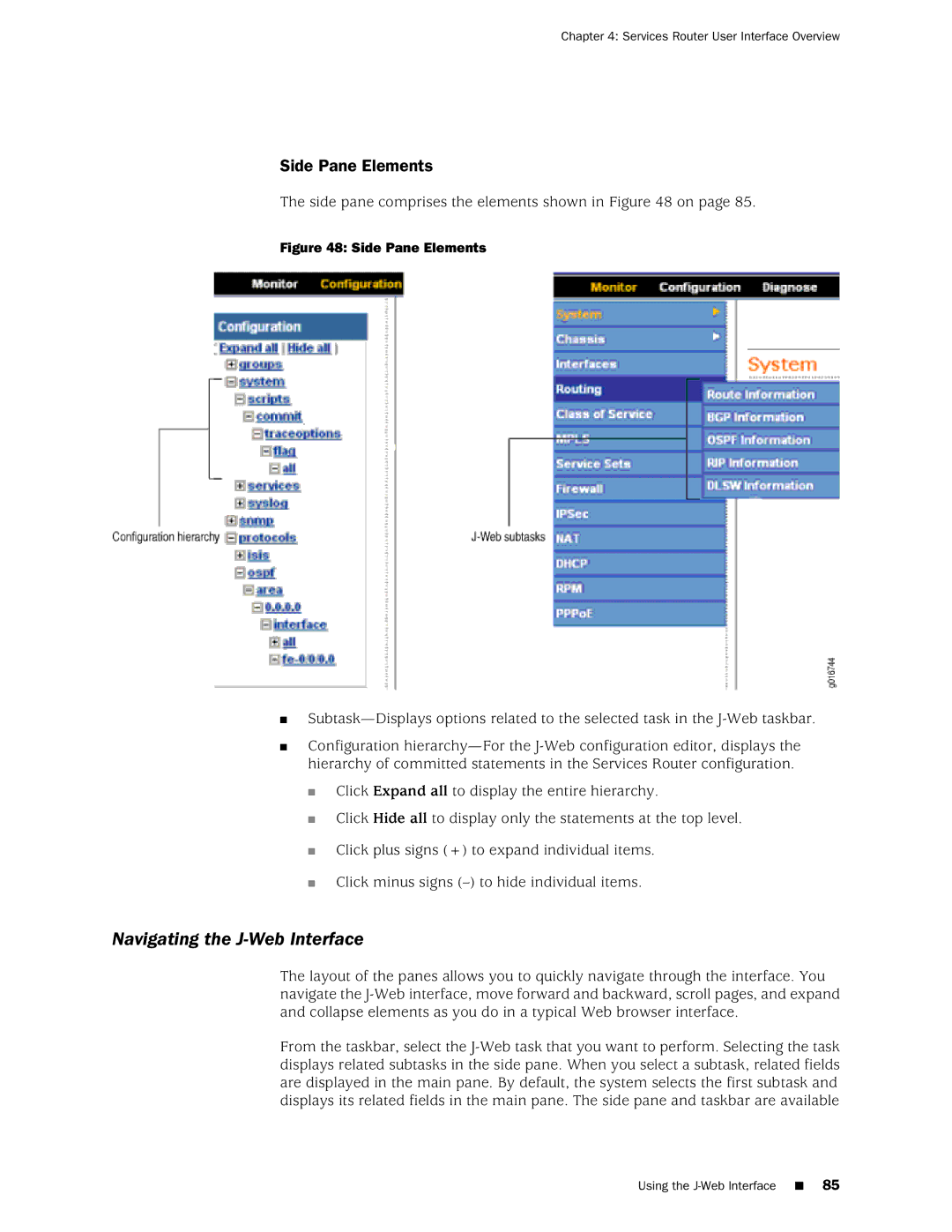 Juniper Networks J2320 manual Navigating the J-Web Interface, Side Pane Elements 