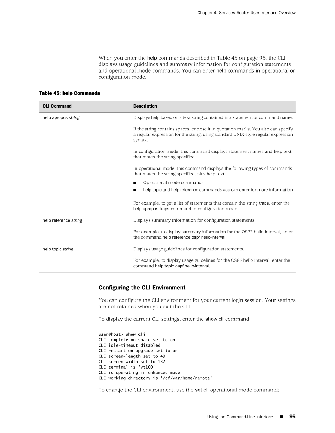 Juniper Networks J2320 manual Configuring the CLI Environment, Help Commands 