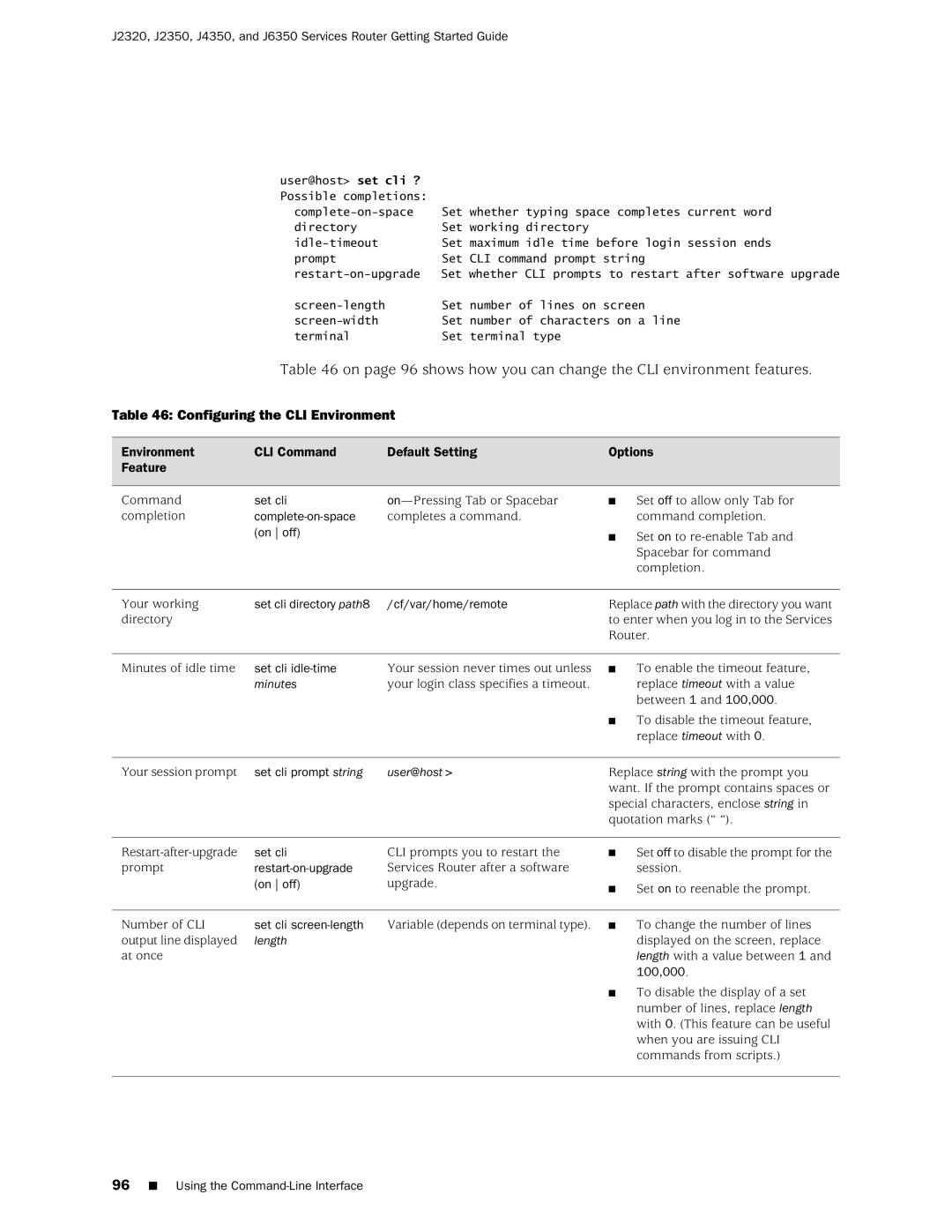 Juniper Networks J2320 manual Configuring the CLI Environment 