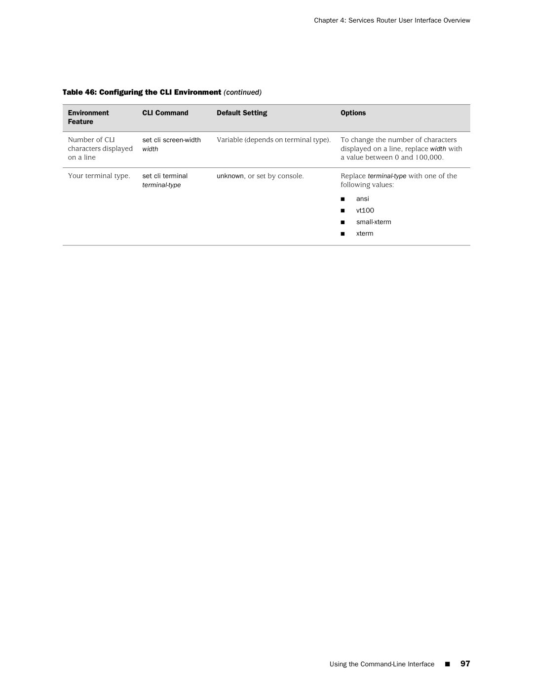 Juniper Networks J2320 manual Set cli screen-width, Set cli terminal, Ansi, Vt100, Small-xterm, Xterm 