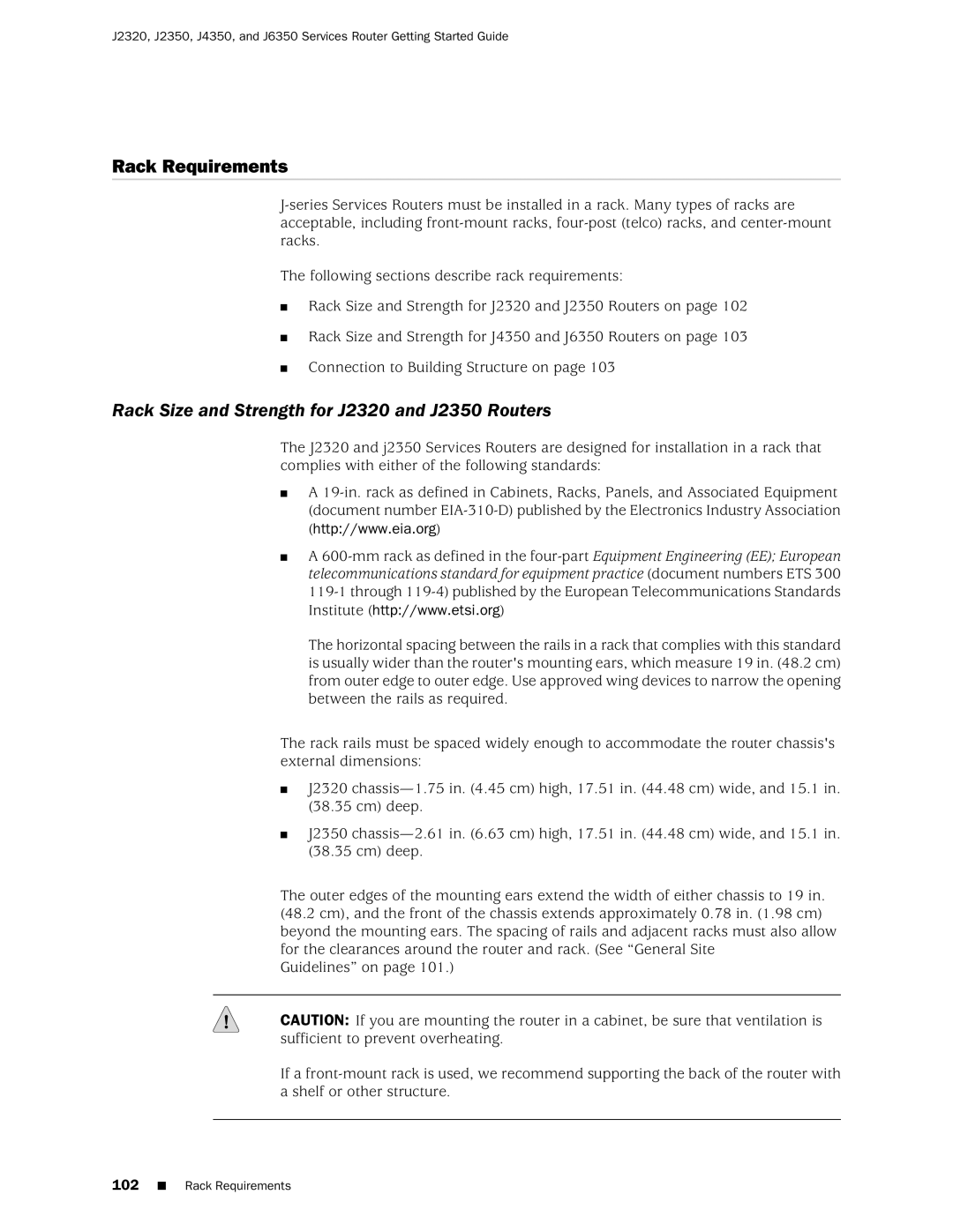 Juniper Networks manual Rack Requirements, Rack Size and Strength for J2320 and J2350 Routers 