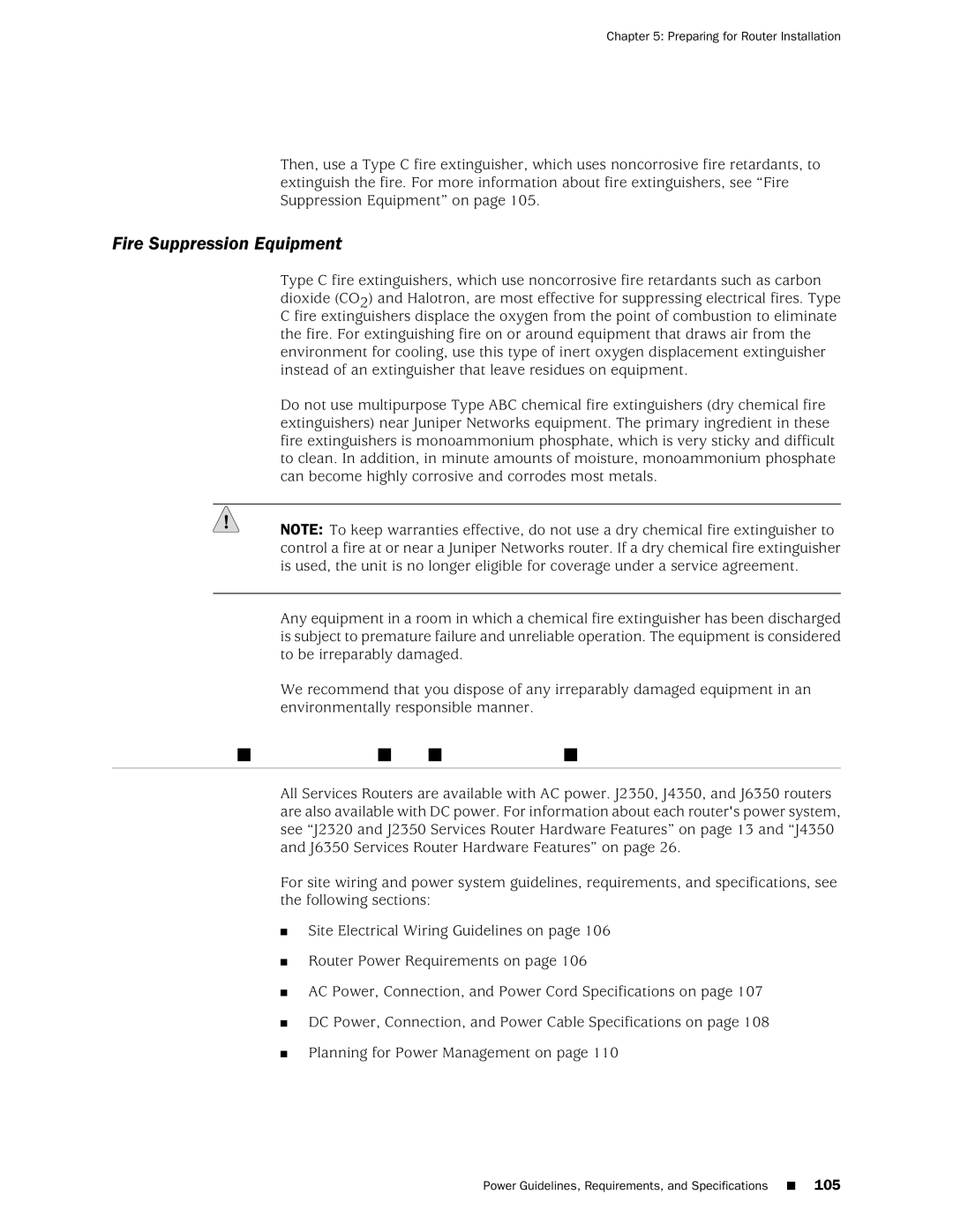 Juniper Networks J2320 manual Fire Suppression Equipment, Power Guidelines, Requirements, and Specifications 