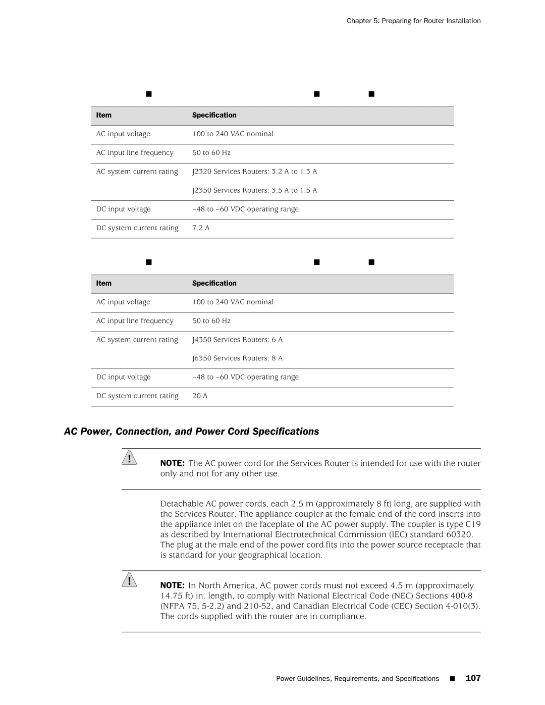 Juniper Networks J2320 manual AC Power, Connection, and Power Cord Specifications 