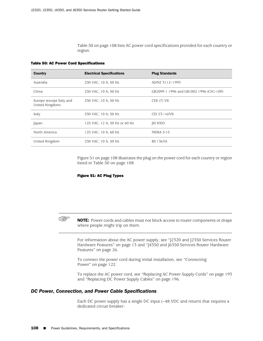 Juniper Networks J2320 manual DC Power, Connection, and Power Cable Specifications, AC Power Cord Specifications 