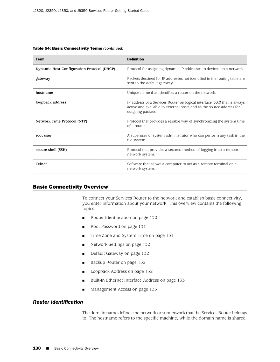 Juniper Networks J2320 manual Basic Connectivity Overview, Router Identification 