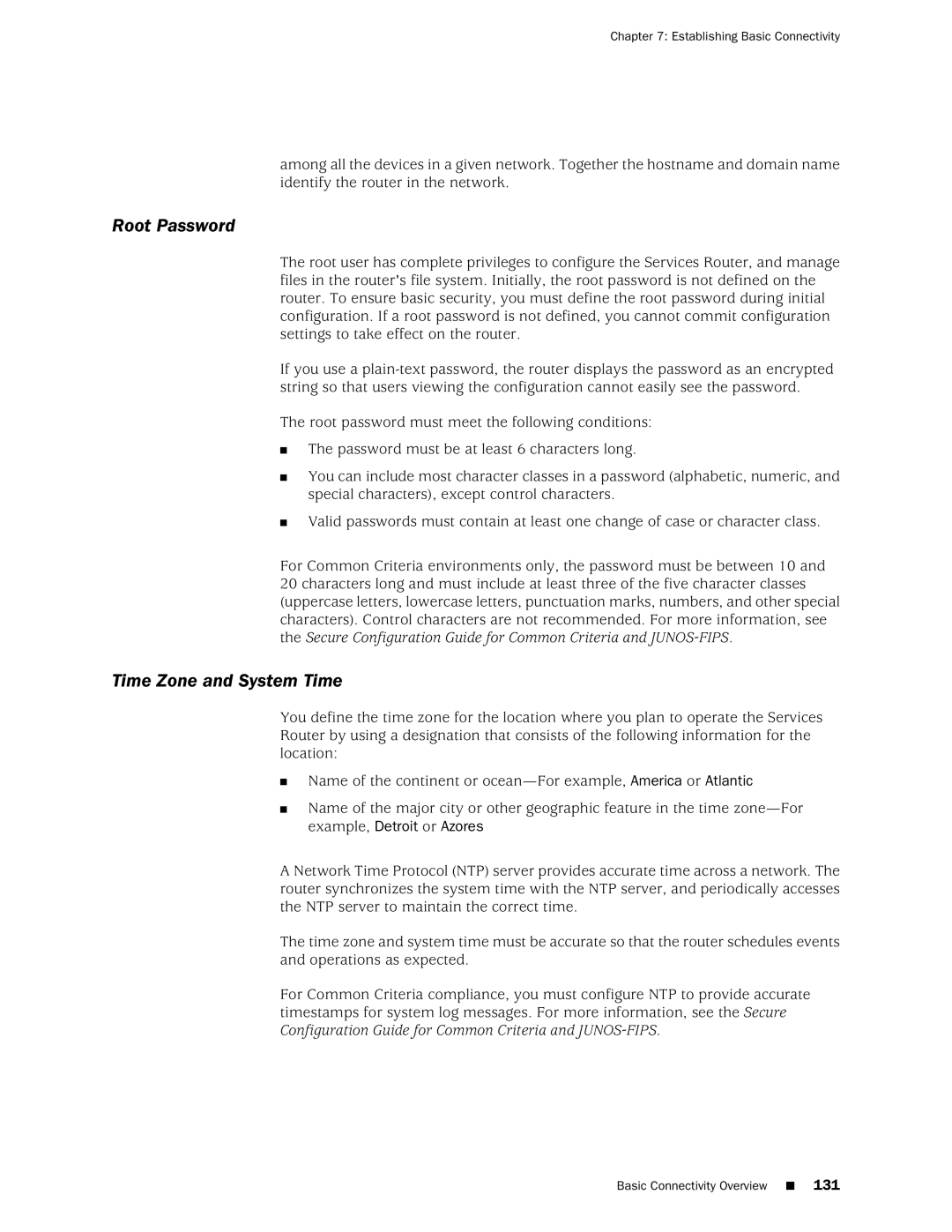 Juniper Networks J2320 manual Root Password, Time Zone and System Time, Establishing Basic Connectivity 