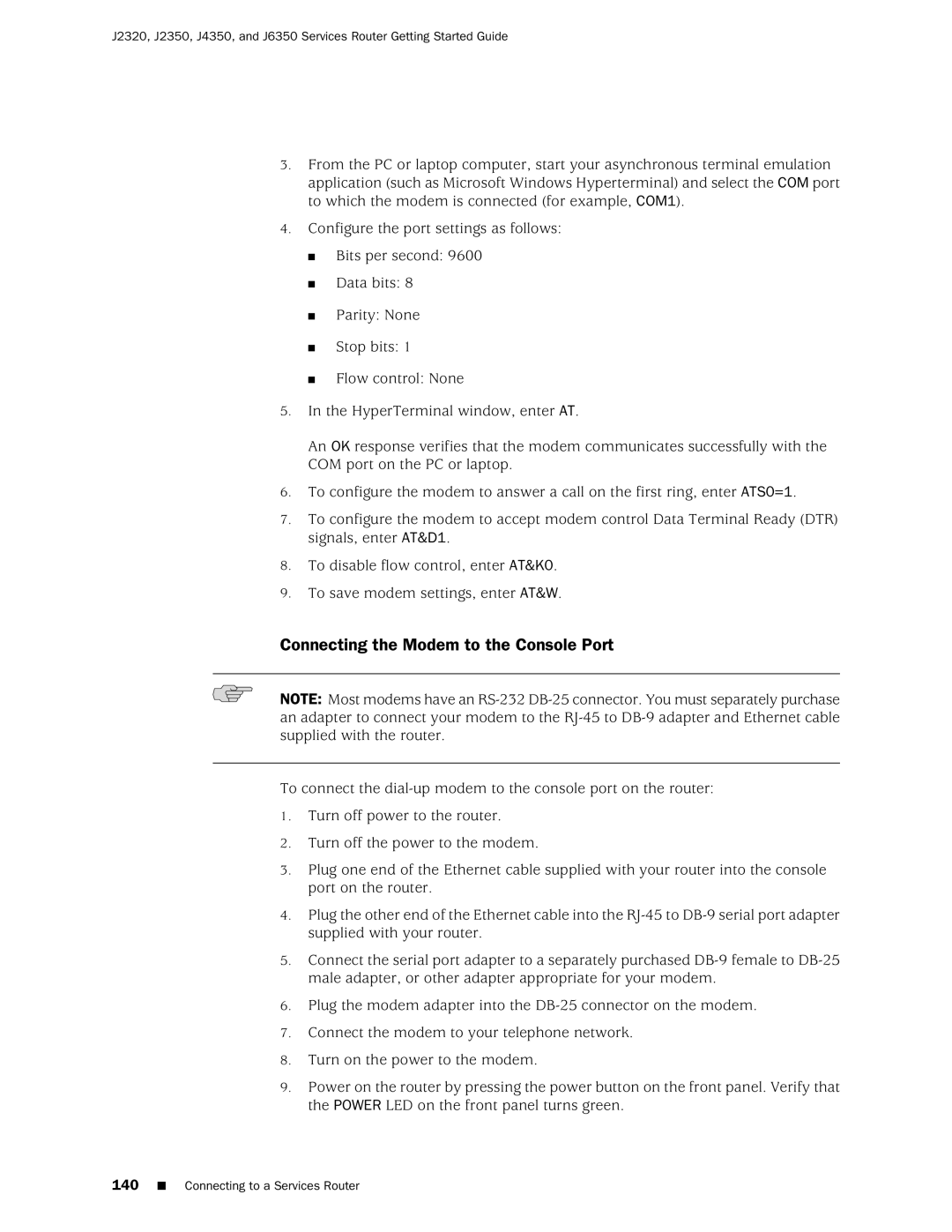 Juniper Networks J2320 manual Connecting the Modem to the Console Port 