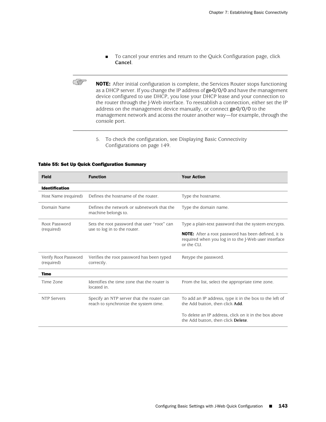 Juniper Networks J2320 manual Set Up Quick Configuration Summary, Field Function Your Action, Identification, Time 