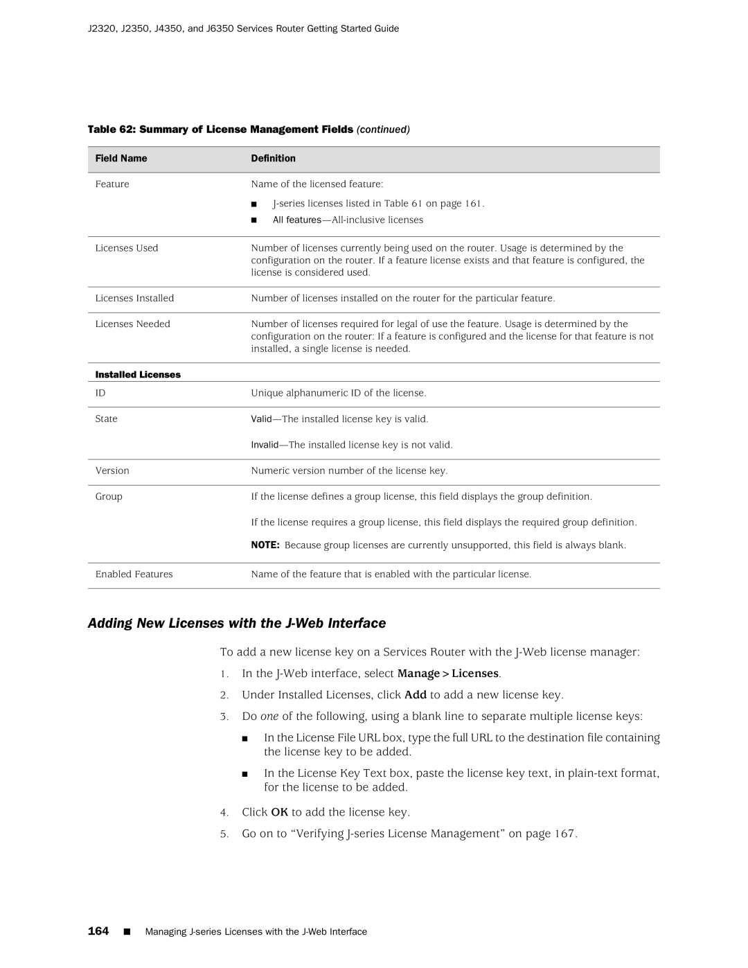 Juniper Networks J2320 manual Adding New Licenses with the J-Web Interface, Installed Licenses 