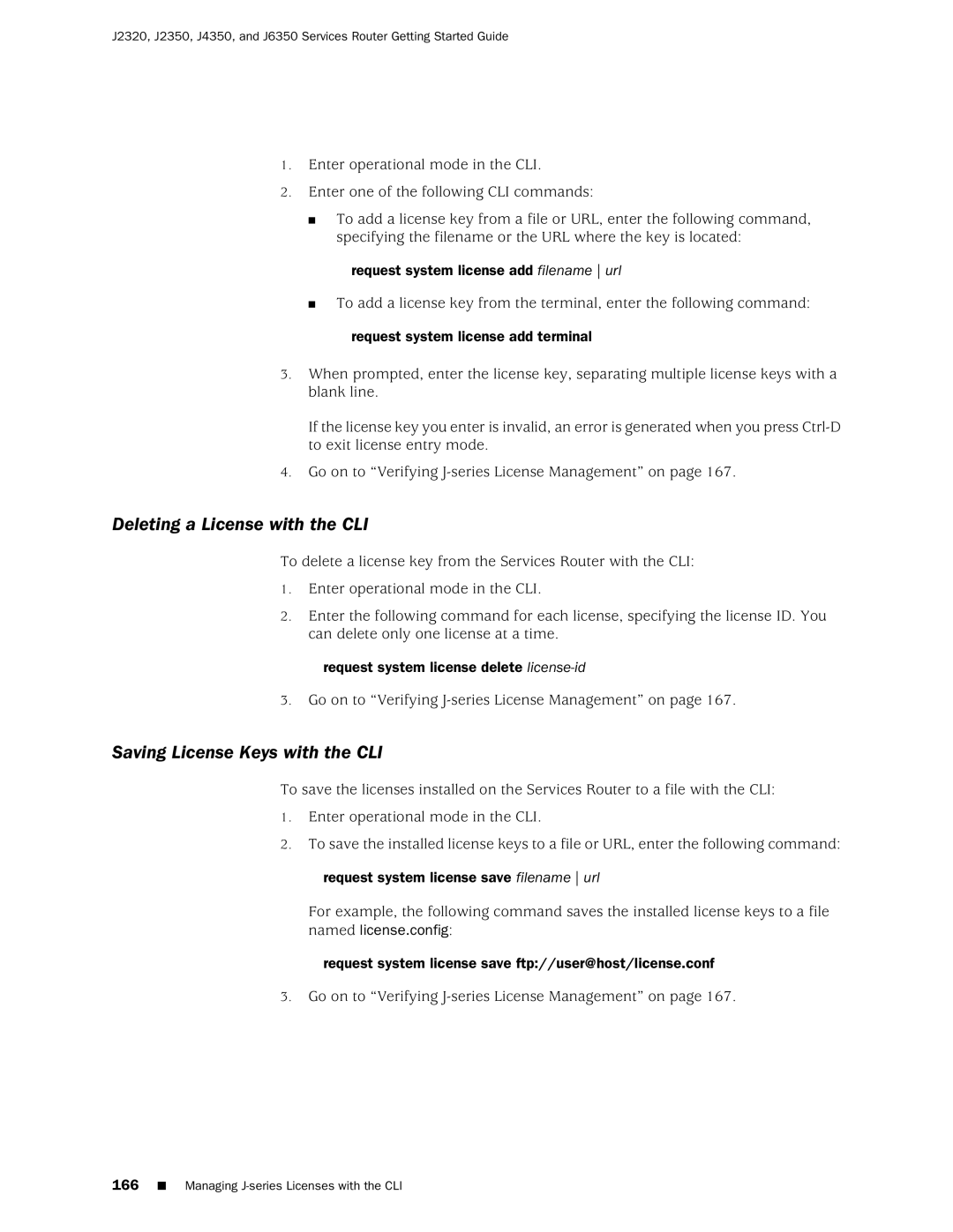 Juniper Networks J2320 manual Deleting a License with the CLI, Saving License Keys with the CLI 