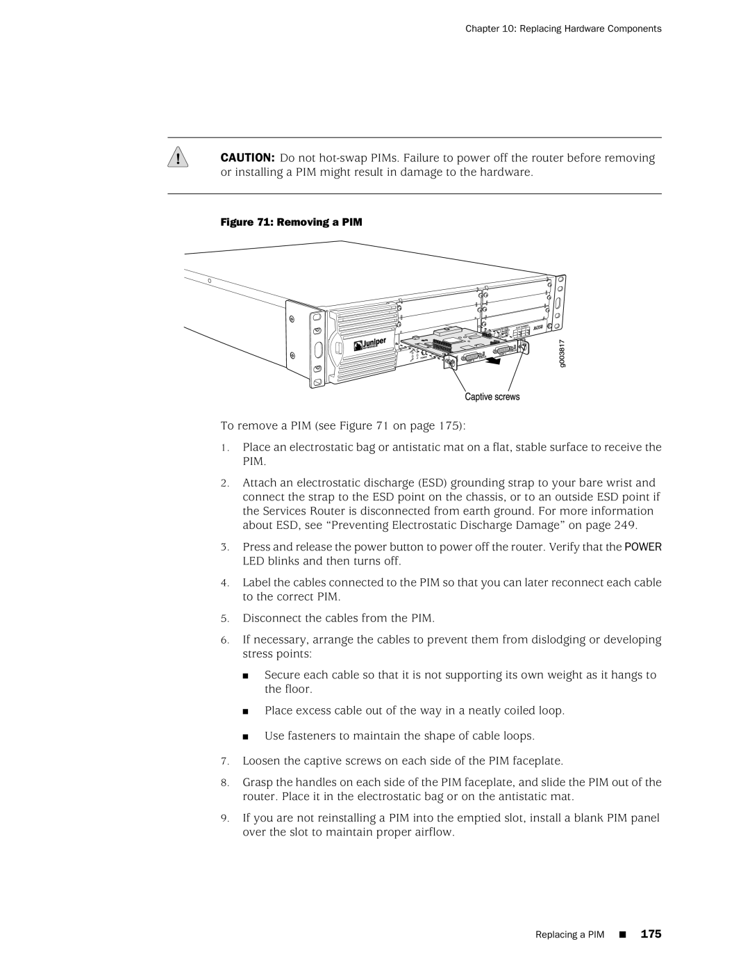 Juniper Networks J2320 manual Replacing Hardware Components, Replacing a PIM 