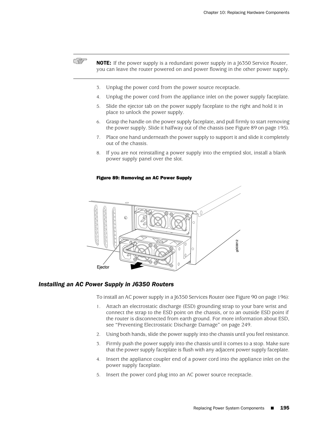 Juniper Networks J2320 manual Installing an AC Power Supply in J6350 Routers, Removing an AC Power Supply 