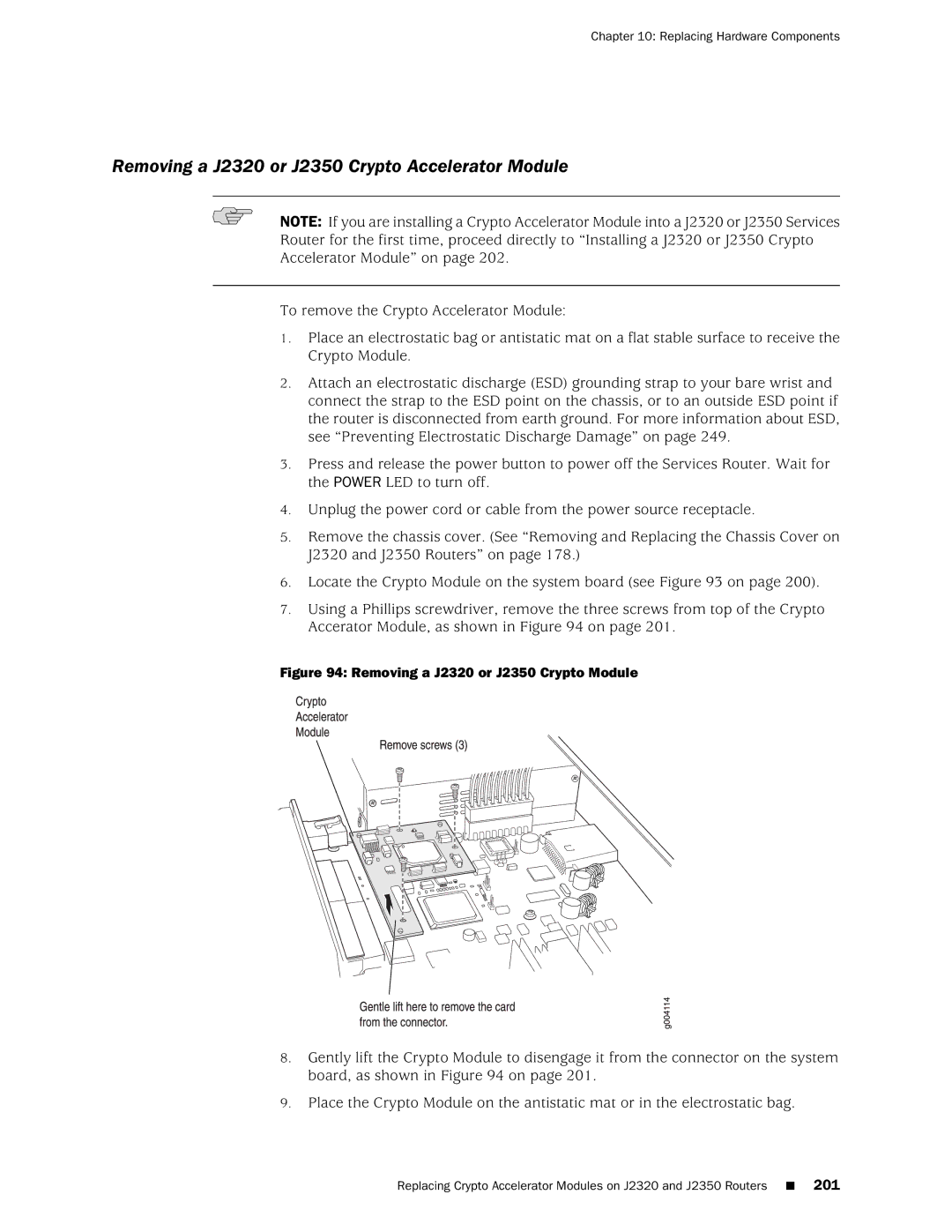 Juniper Networks manual Removing a J2320 or J2350 Crypto Accelerator Module, Removing a J2320 or J2350 Crypto Module 