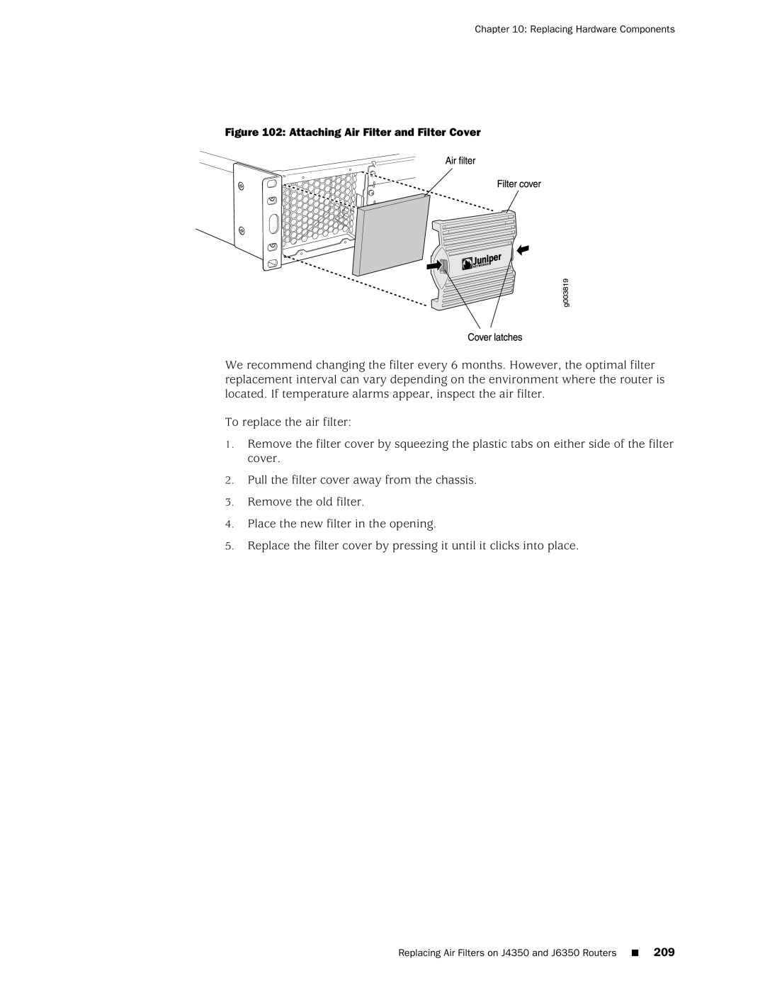 Juniper Networks J2320 manual Attaching Air Filter and Filter Cover 