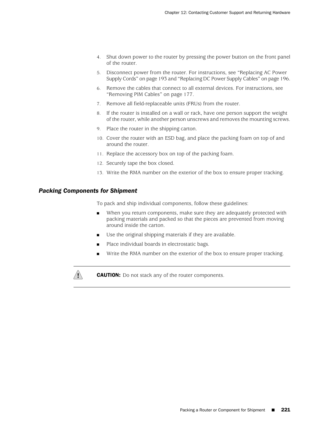 Juniper Networks J2320 manual Packing Components for Shipment 