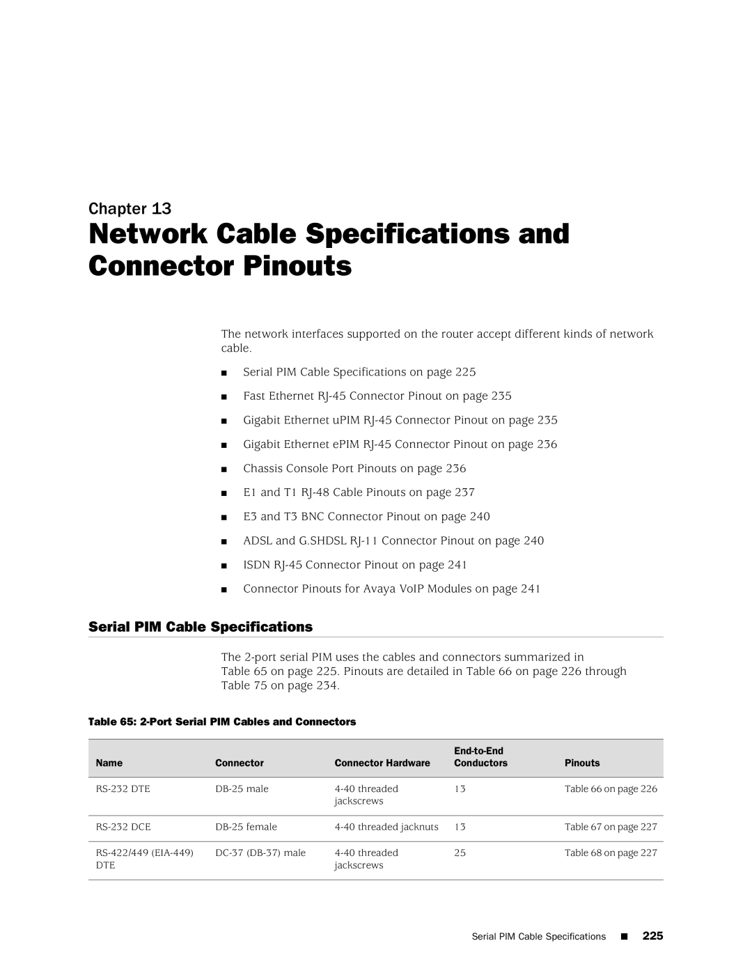 Juniper Networks J2320 manual Network Cable Specifications and Connector Pinouts, Serial PIM Cable Specifications 