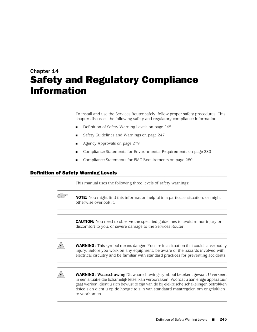 Juniper Networks J2320 manual Safety and Regulatory Compliance Information, Definition of Safety Warning Levels 