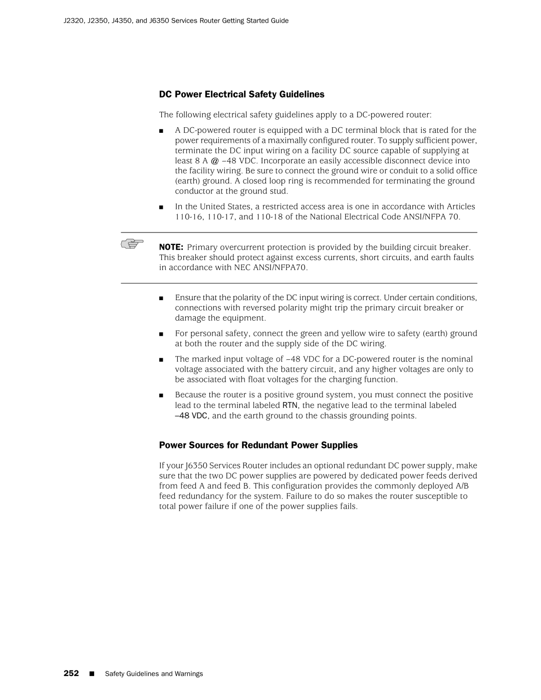 Juniper Networks J2320 manual DC Power Electrical Safety Guidelines, Power Sources for Redundant Power Supplies 