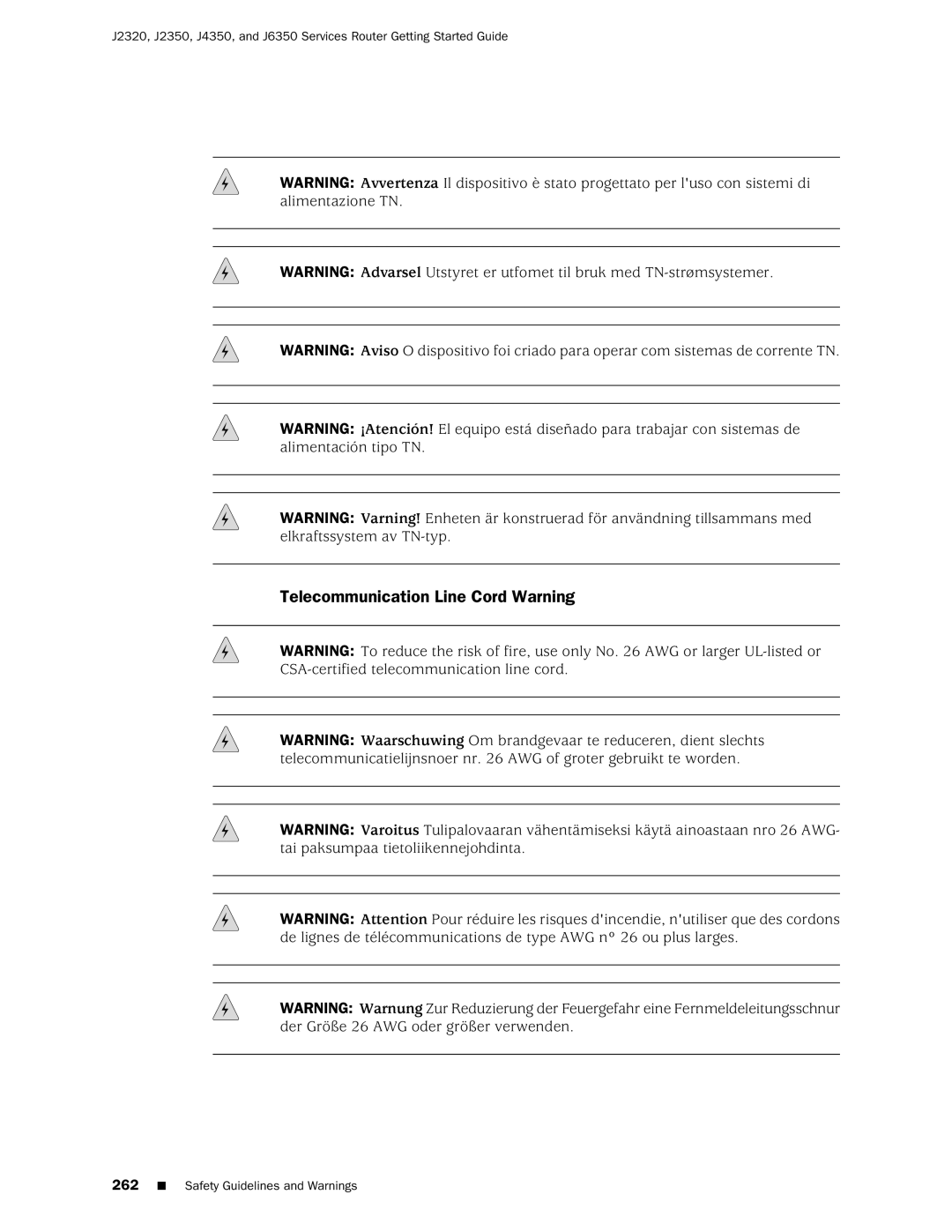 Juniper Networks J2320 manual Telecommunication Line Cord Warning 